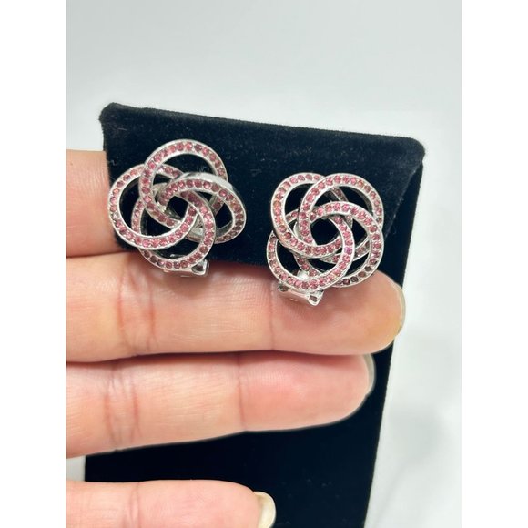 Signed KRAMER Clip On Earrings Silver Tone & Pink Rhinestones Love Knot Circles - Picture 2 of 8